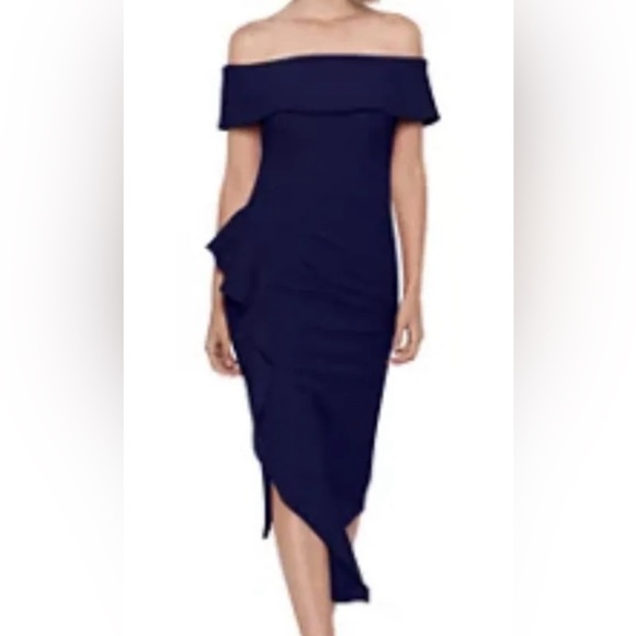 Betsy & Adam Dresses & Skirts - NWT Betsy Adam Off The Shoulder Ruffle Dress Navy Blue Size 10